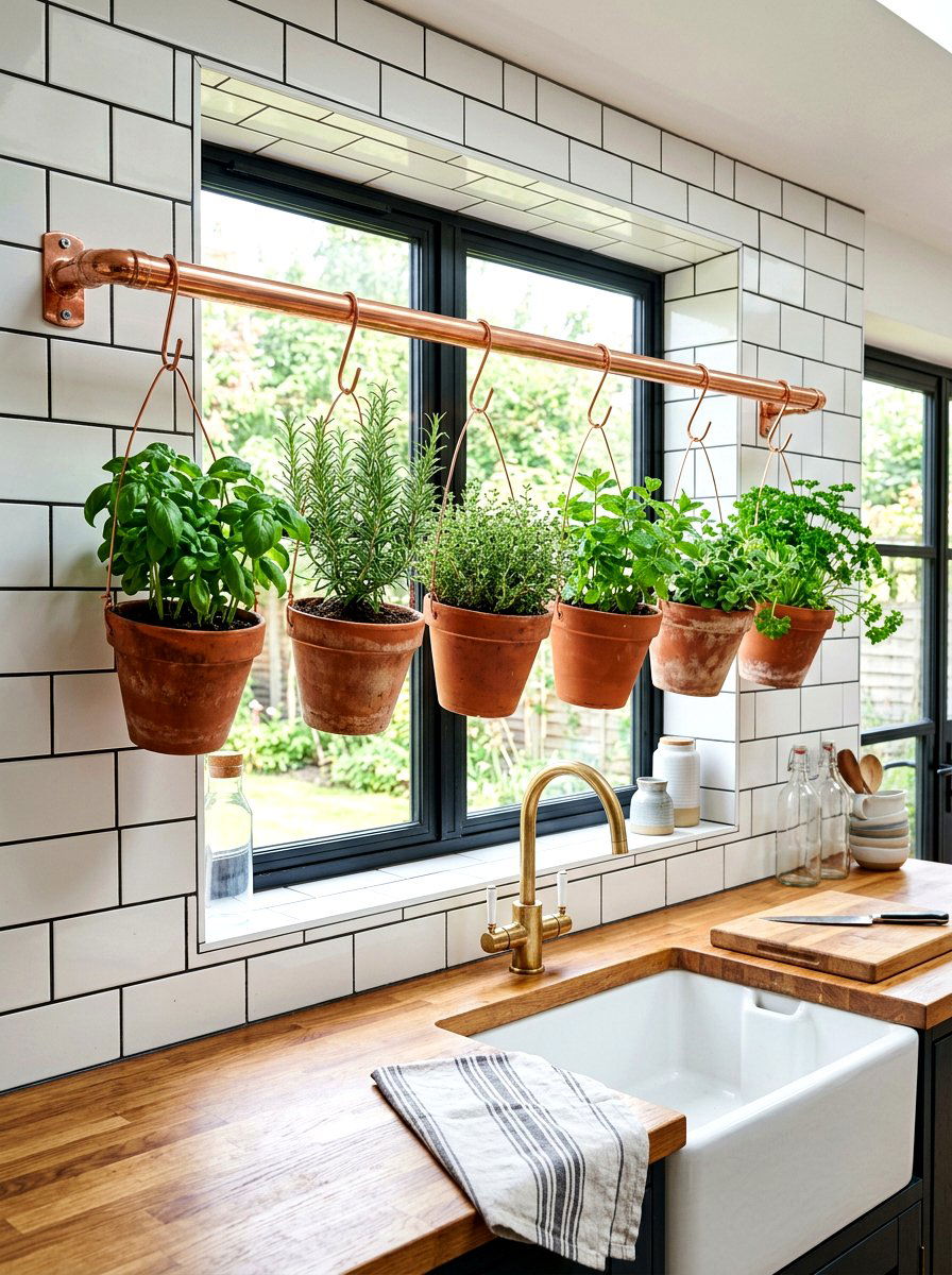 Copper pipe hanging plant rail - 30 indoor plant wall ideas