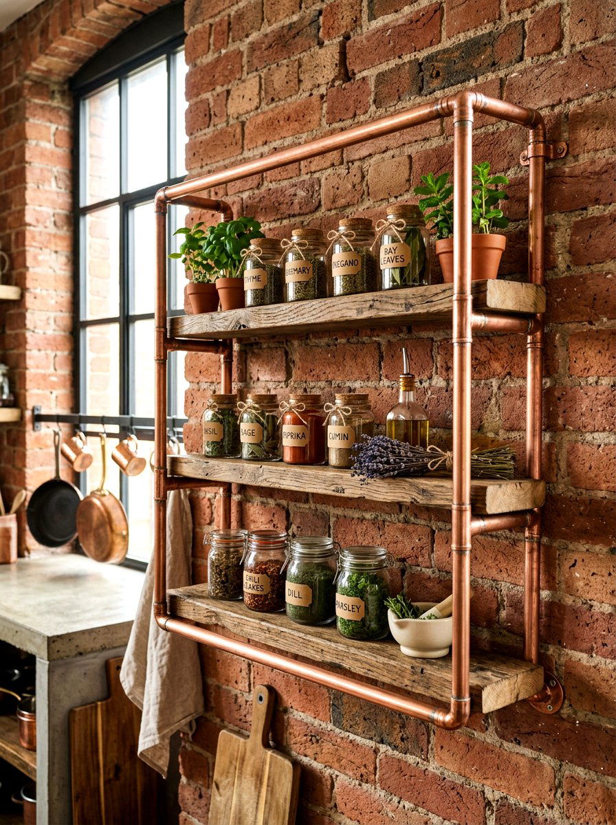 Copper pipe herb shelf - 30 kitchen herb shelf ideas