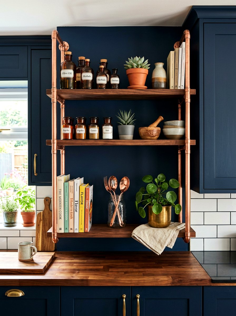 Copper pipe shelf - 30 tiny kitchen open shelf ideas