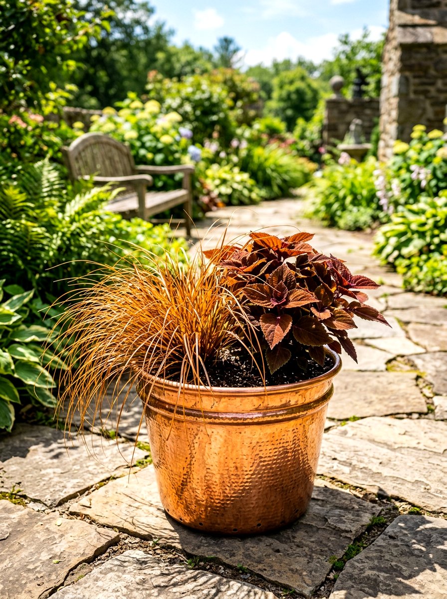 Copper pot with metallic toned plants - 30 autumn planter ideas