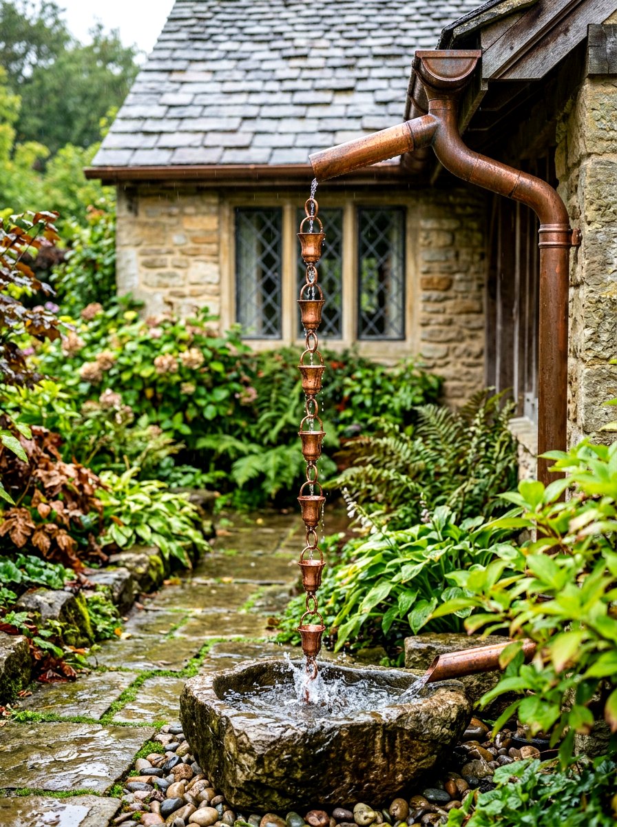 Copper rain chain for gutters - 30 cottagecore garden ideas