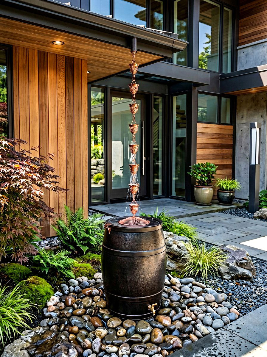 Copper rain chain water barrel - 30 rain barrel ideas