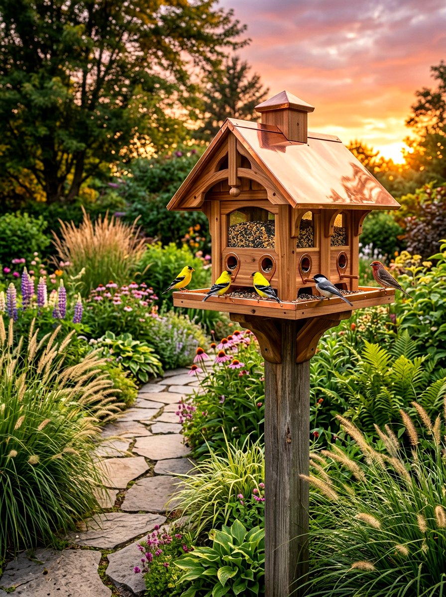 Copper roof bird feeder - 30 bird feeder garden ideas