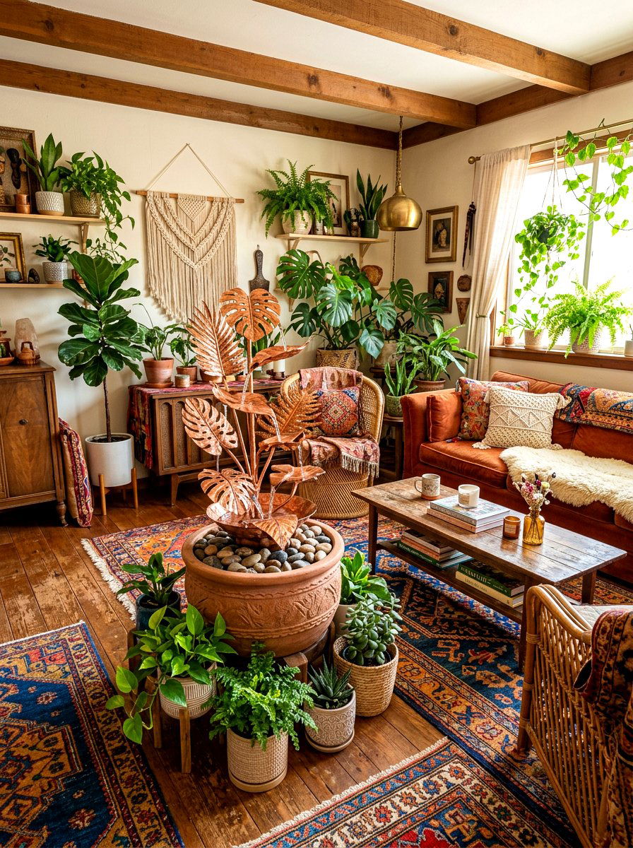 Copper tiered leaf fountain - 30 indoor fountain decor ideas