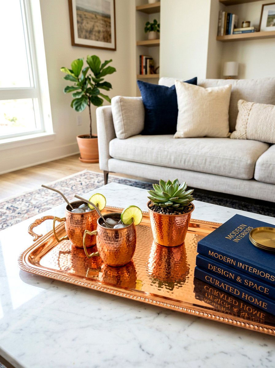 Copper tray decor - 30 coffee table tray styling ideas