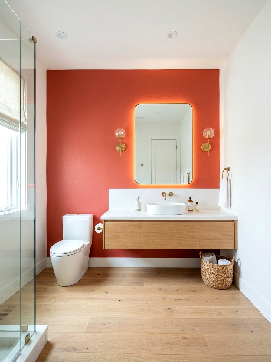 Coral Accent Wall - 30 coral bathroom decor ideas