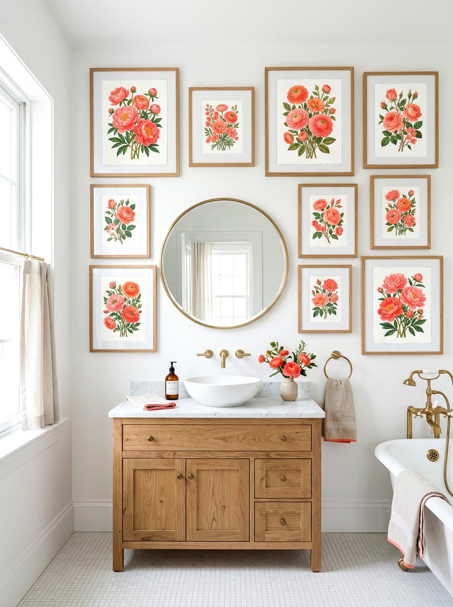 Coral Botanical Bathroom Art - 30 coral bathroom decor ideas