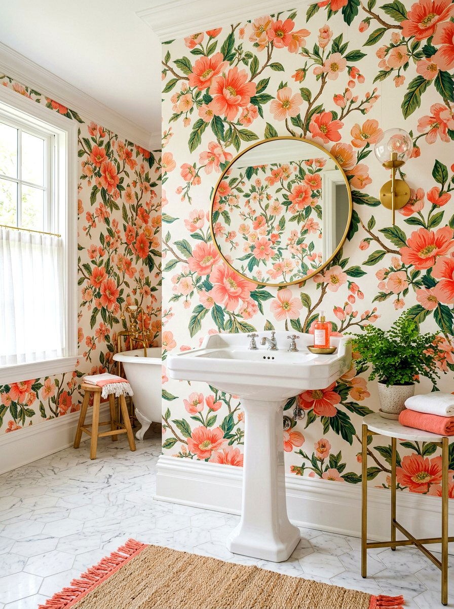 Coral Floral Wallpaper - 30 coral bathroom decor ideas