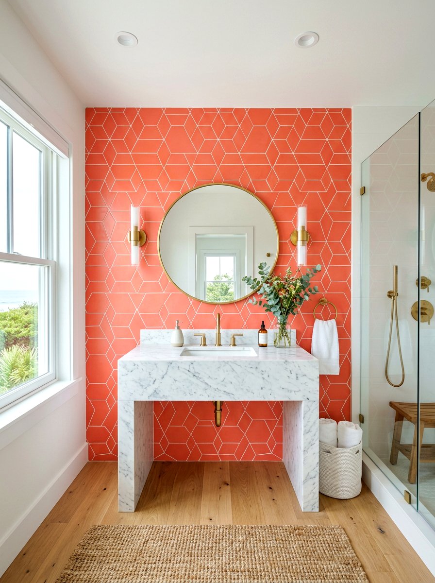 Coral Geometric Bathroom Tile - 30 colorful bathroom tile ideas