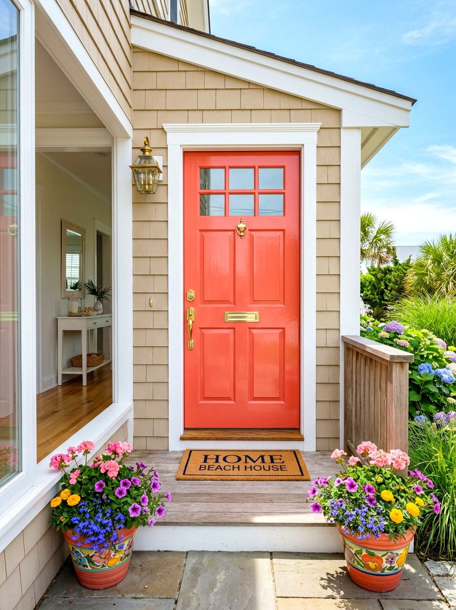 Coral Lacquered Entry Door - 30 lacquered front door ideas
