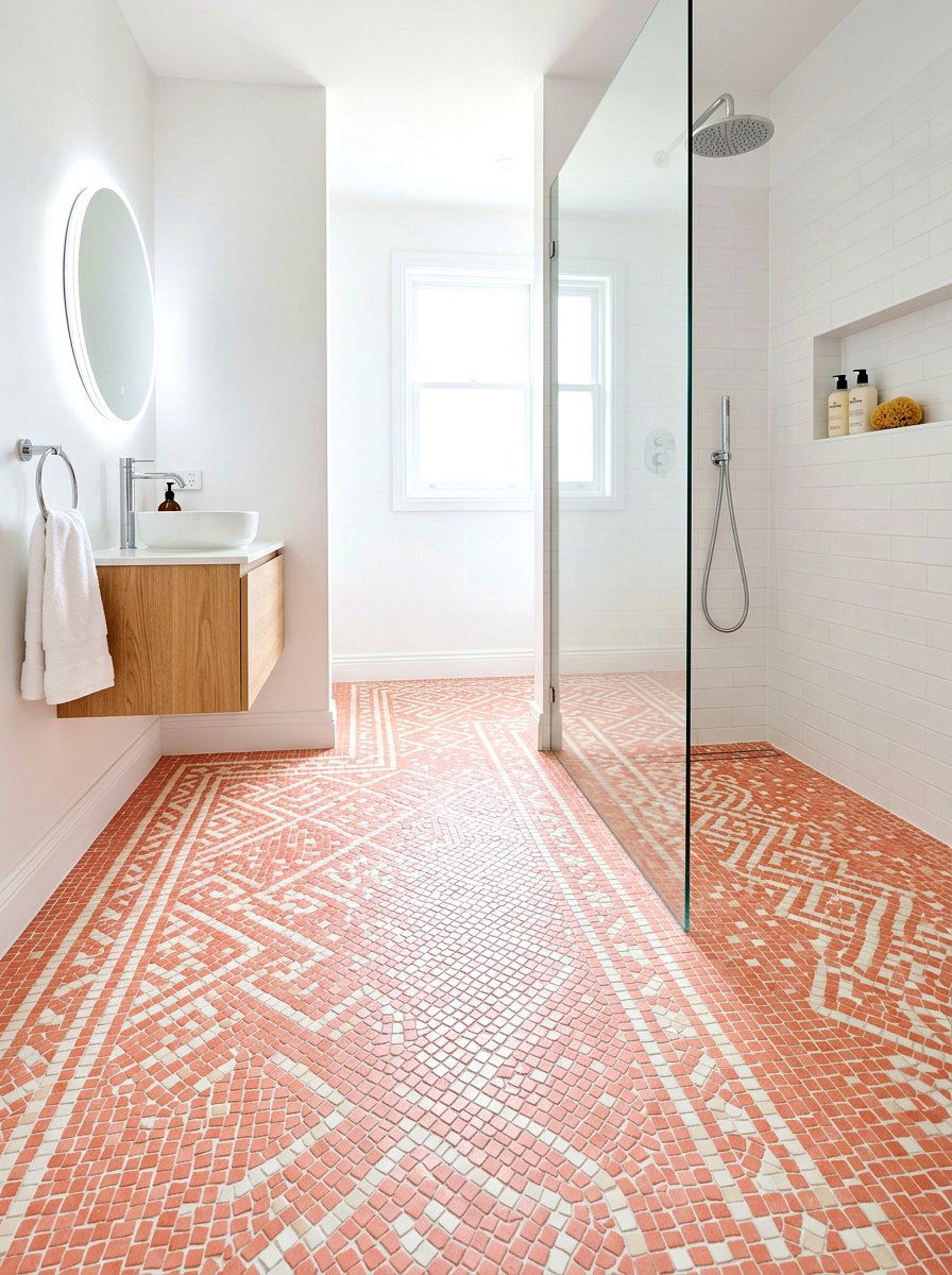 Coral Mosaic Floor Tile - 30 coral bathroom decor ideas