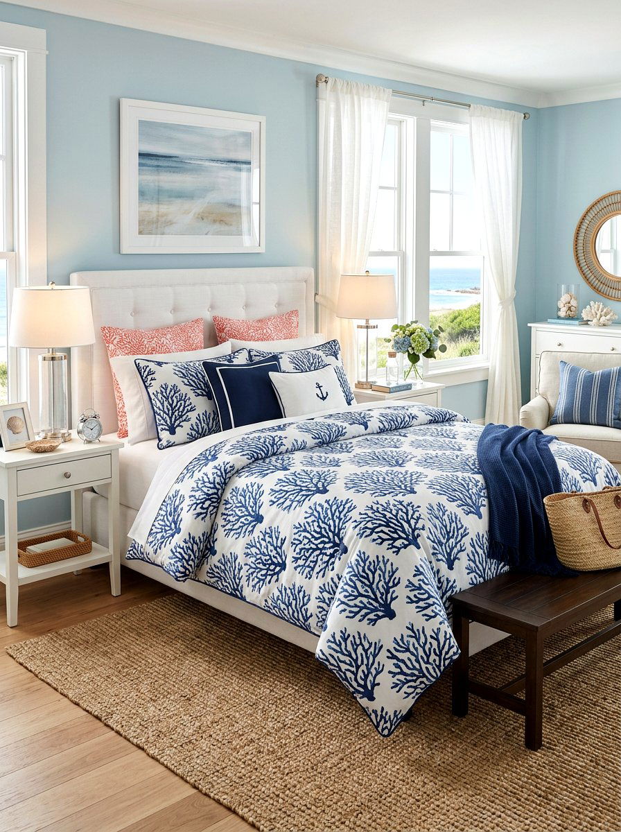 Coral Pattern Bedding - 30 nautical bedroom ideas