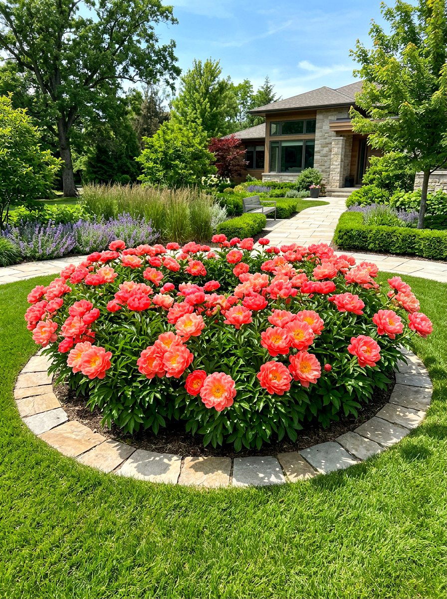 Coral Peony Flower Bed - 30 peony border ideas