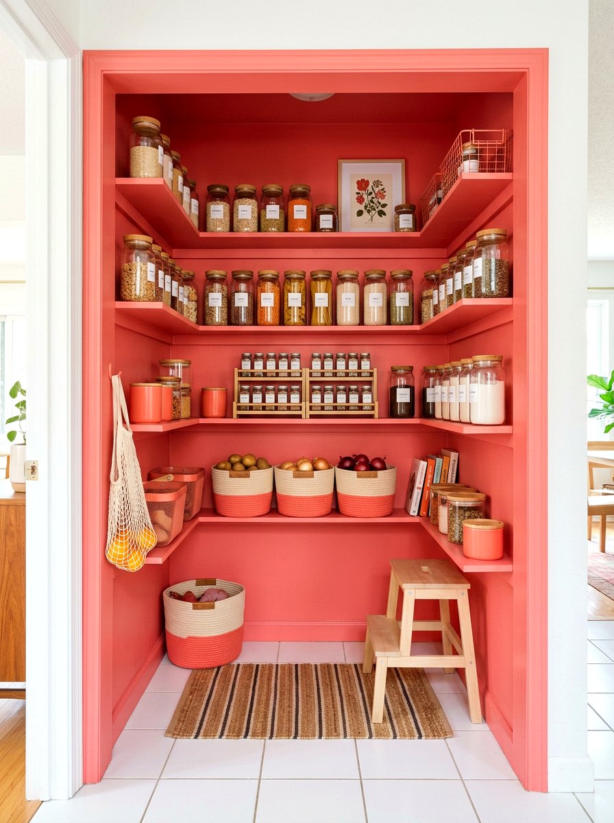 Coral Pink Small Pantry - 30 color drenched small room ideas