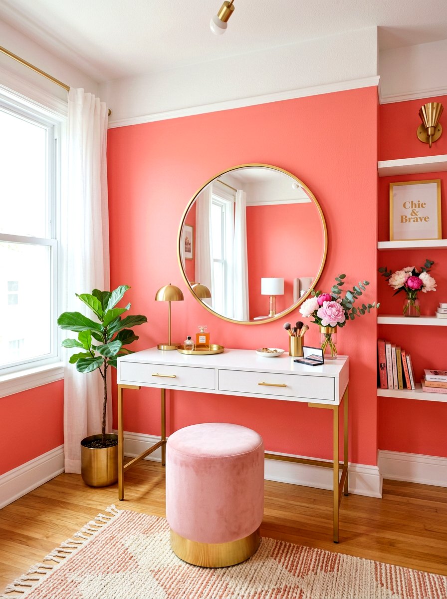 Coral Pink Vanity Area - 30 tiny room big color ideas