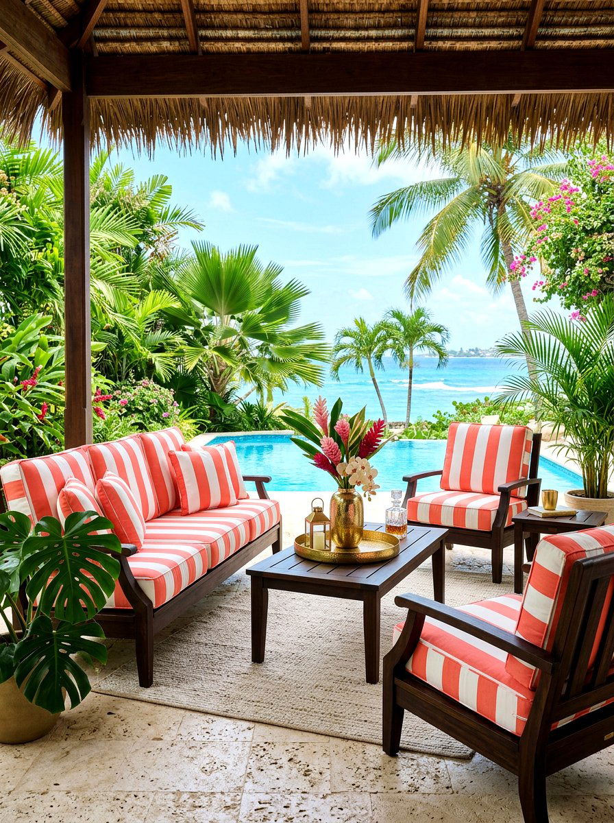 Coral Stripe Tropical Patio - 30 cabana stripe patio ideas