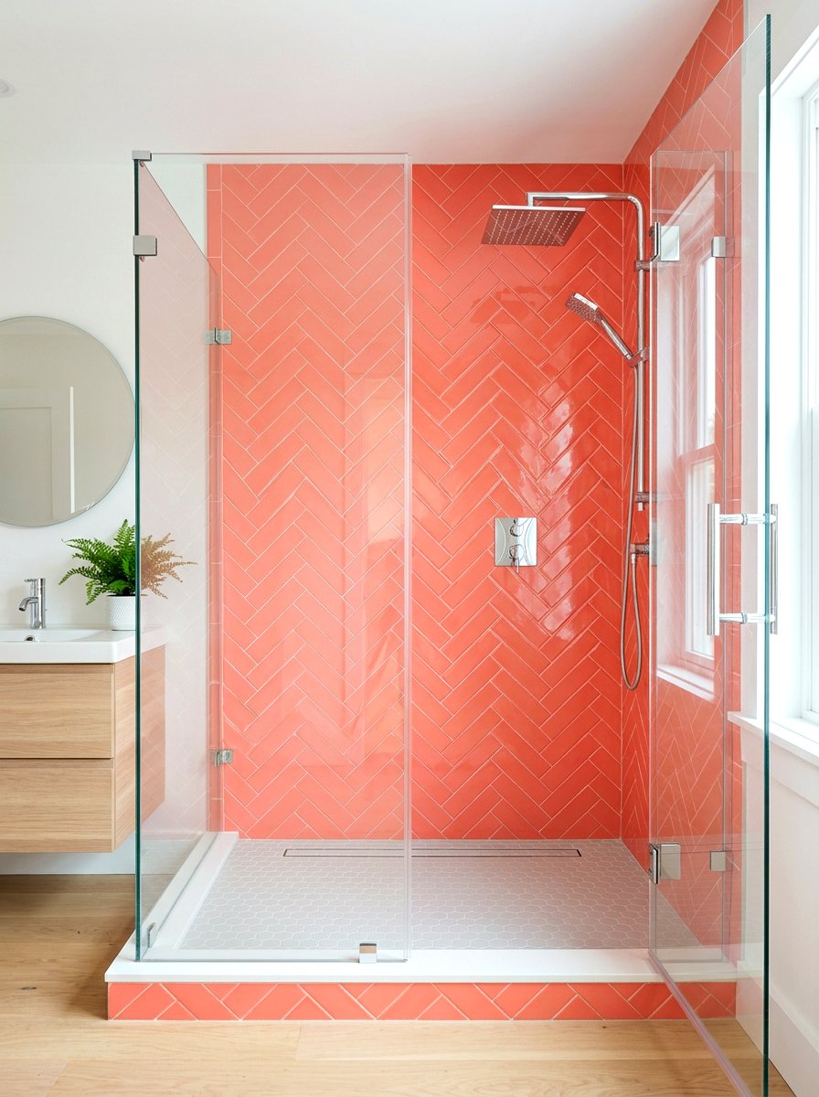 Coral Subway Tile Shower - 30 coral bathroom decor ideas