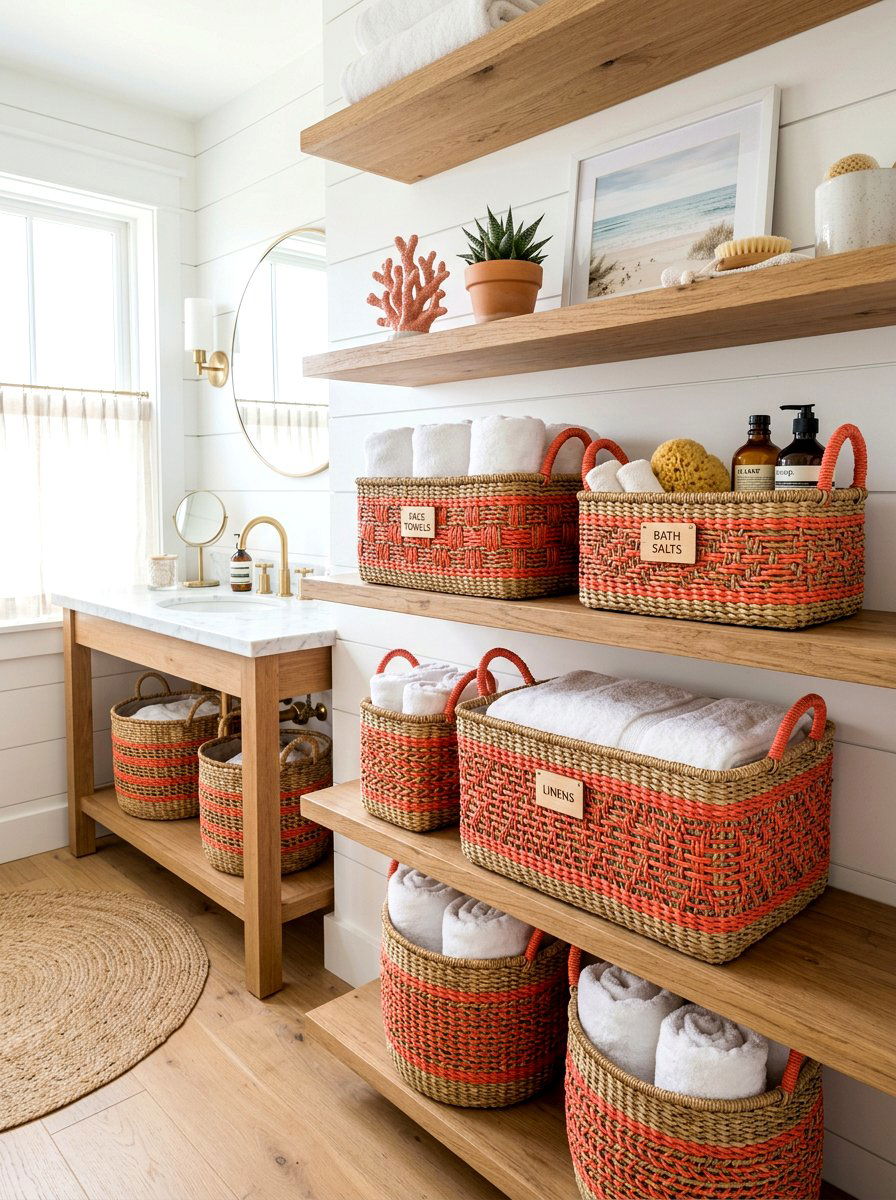 Coral Woven Bathroom Baskets - 30 coral bathroom decor ideas