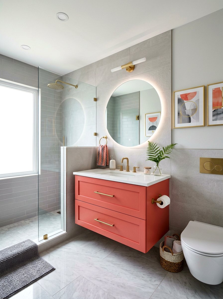 Coral and Gray Bathroom Look - 30 coral bathroom decor ideas