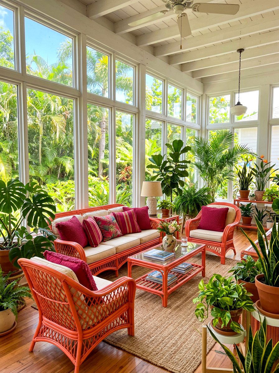Coral and berry red sunroom - 30 pink and red home decor ideas