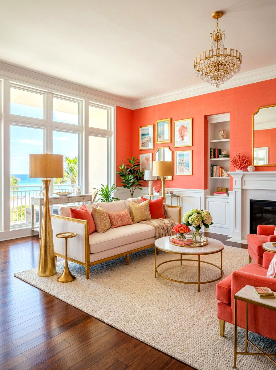 Coral and gold living room - 30 happy color living room ideas