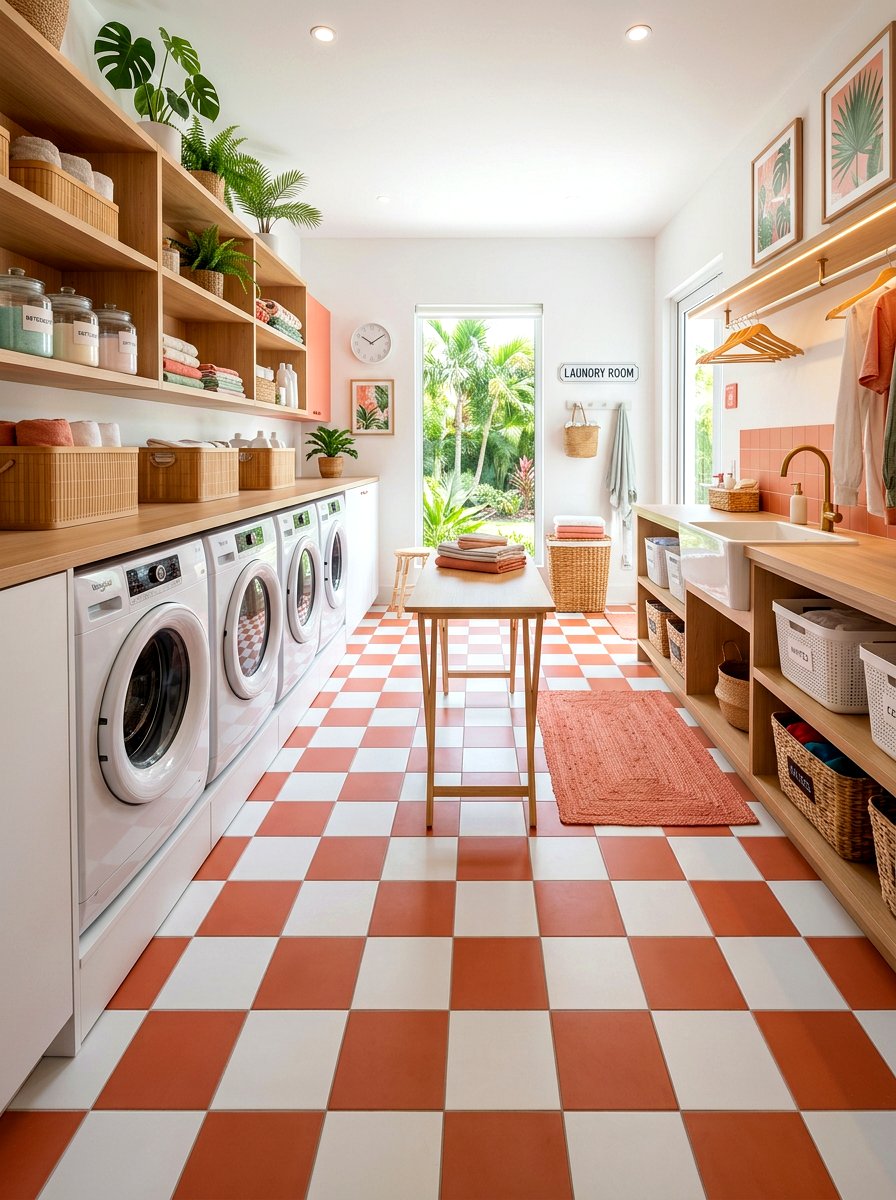 Coral checkerboard laundry room - 30 bright checkerboard decor ideas