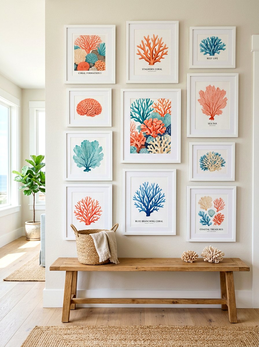Coral coastal gallery wall - 30 coral decor ideas