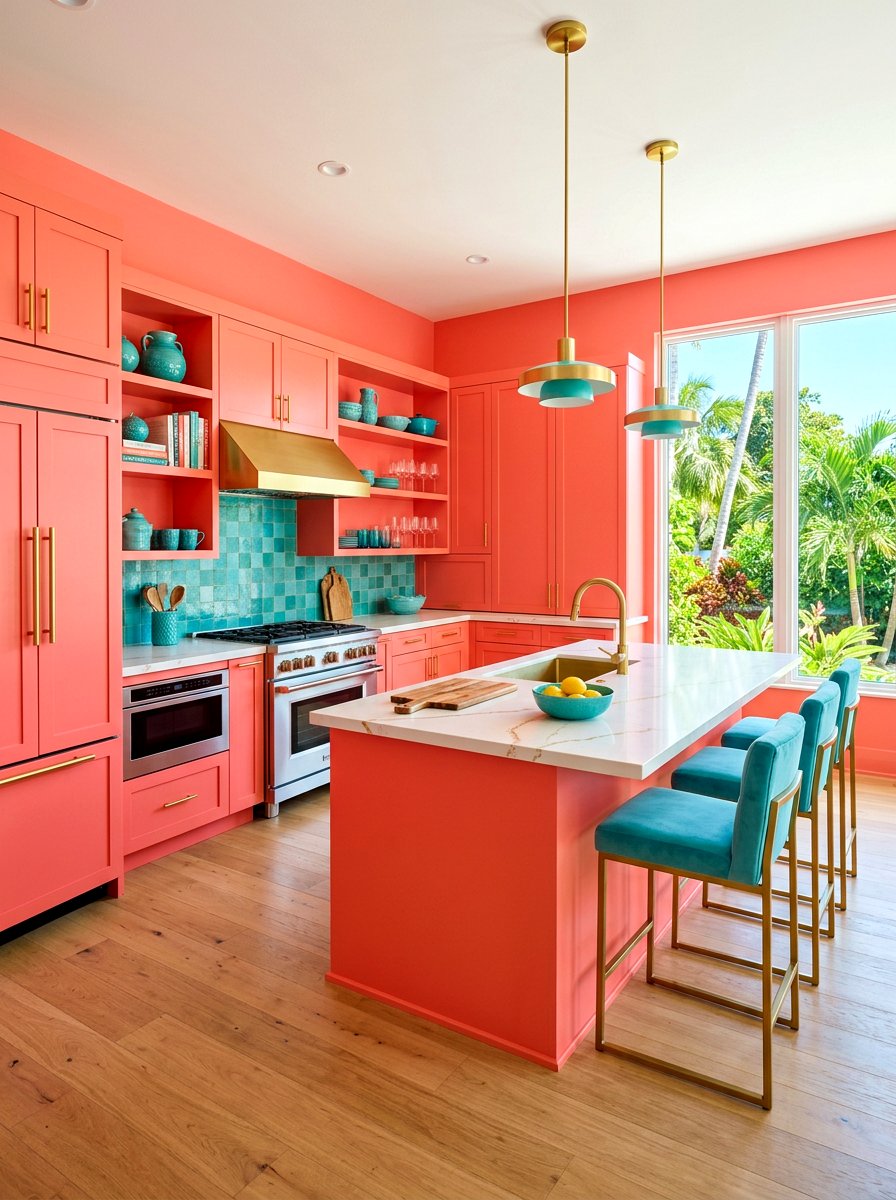 Coral kitchen - 30 color drenched kitchen ideas
