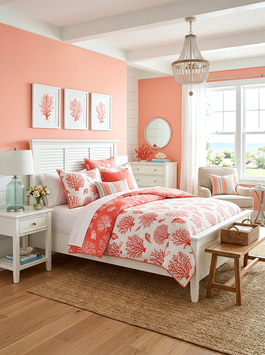 Coral motif cottage bedroom - 30 beach cottage bedroom ideas
