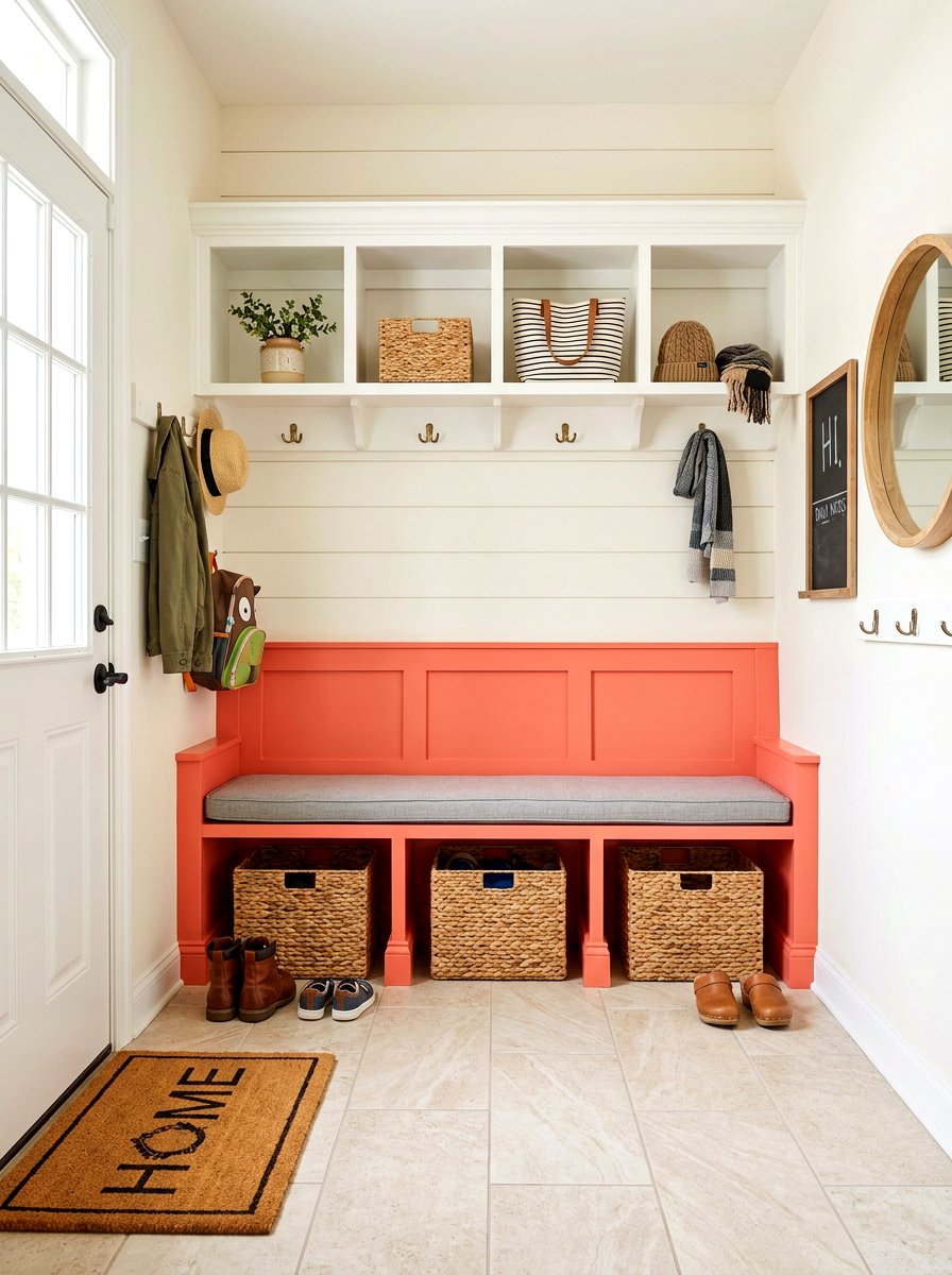 Coral mudroom bench - 30 coral decor ideas
