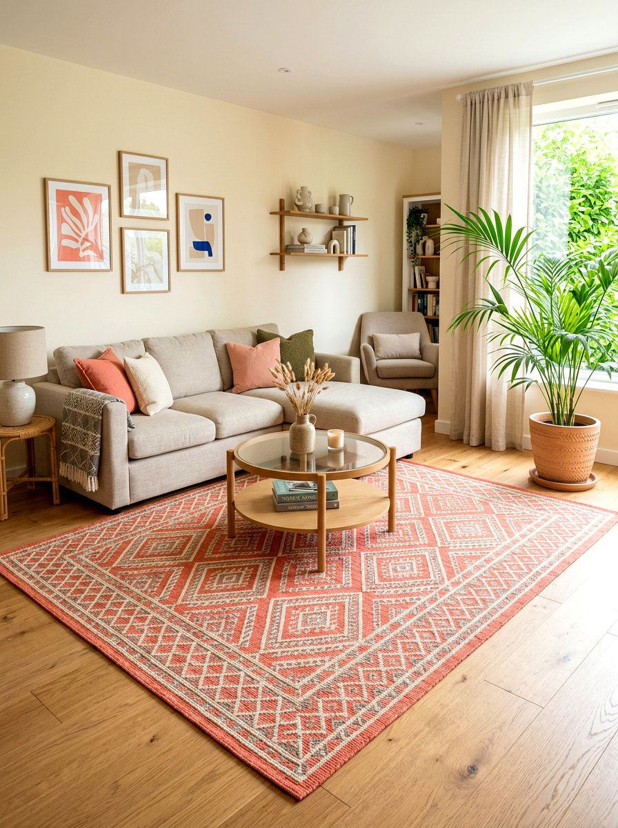 Coral patterned area rug - 30 coral decor ideas