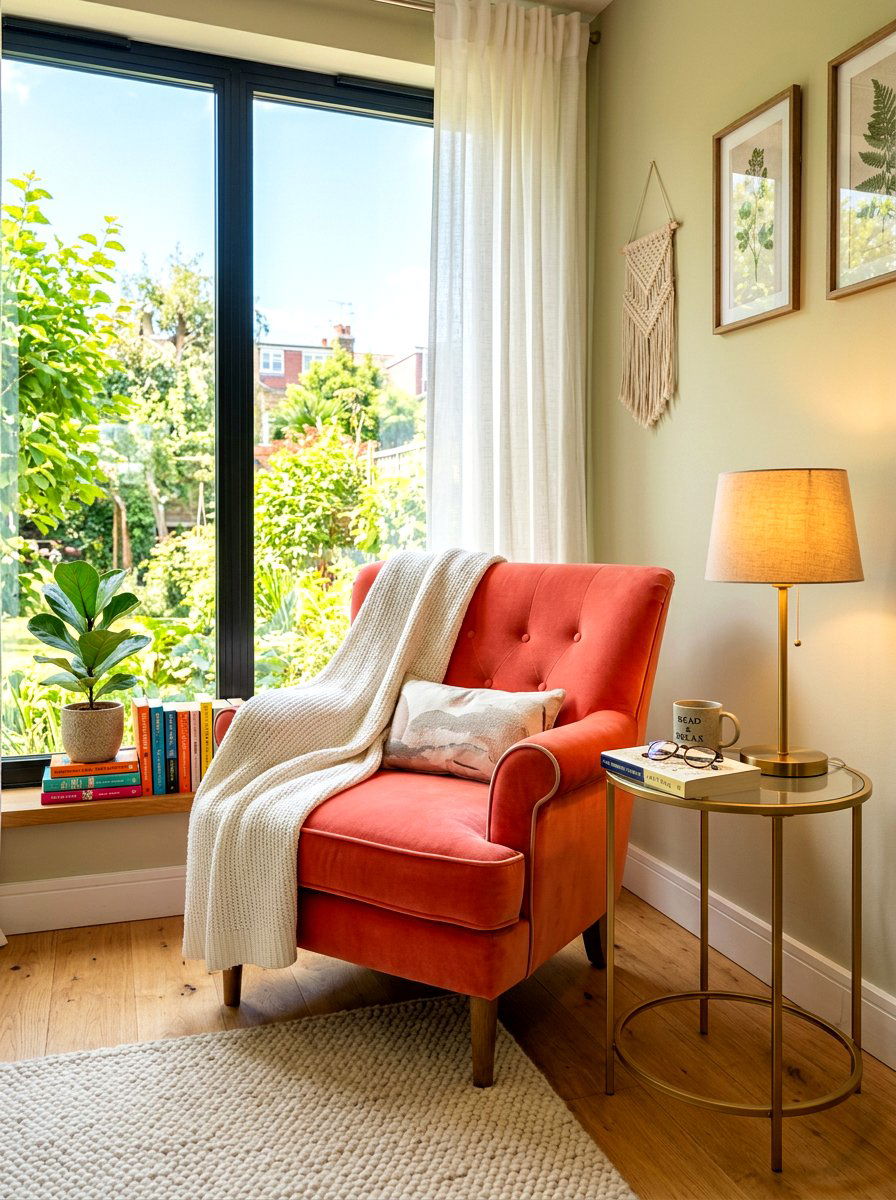 Coral reading nook armchair - 30 coral decor ideas