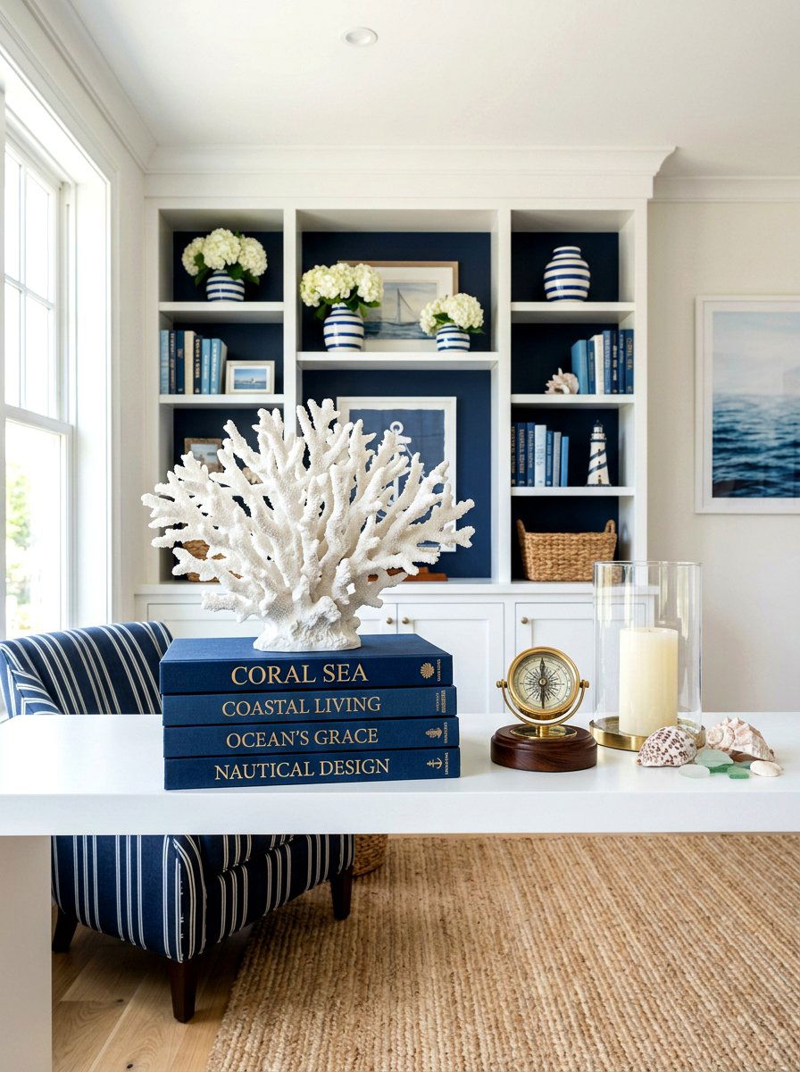 Coral sculpture shelf - 30 summer shelf decor ideas