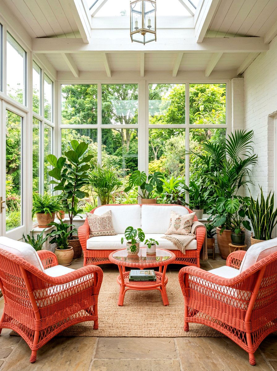 Coral sunroom wicker furniture - 30 coral decor ideas