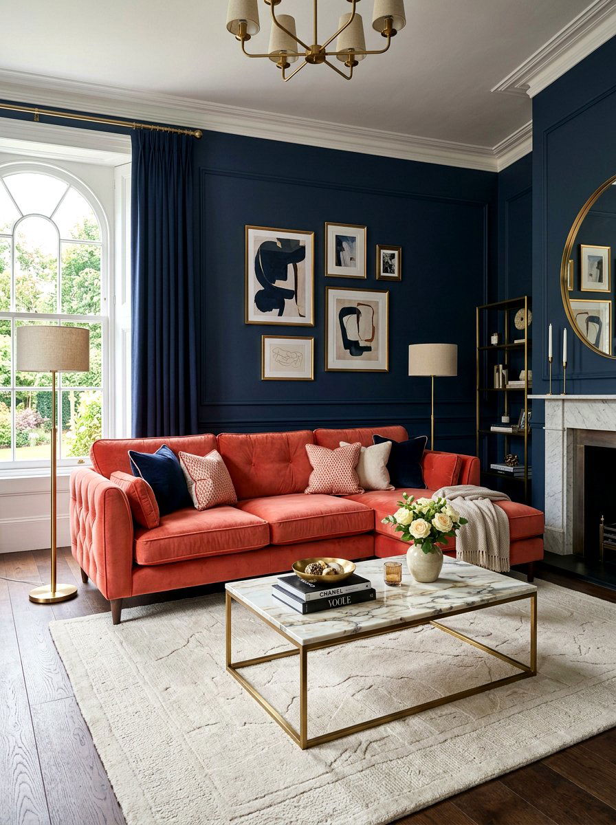 Coral velvet sofa - 30 coral decor ideas