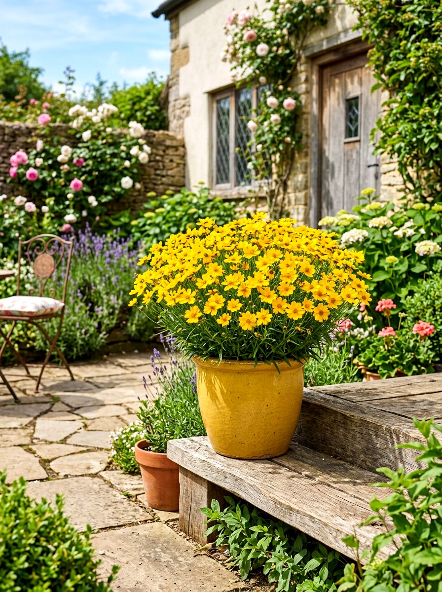 Coreopsis Patio Planter - 30 pollinator patio ideas