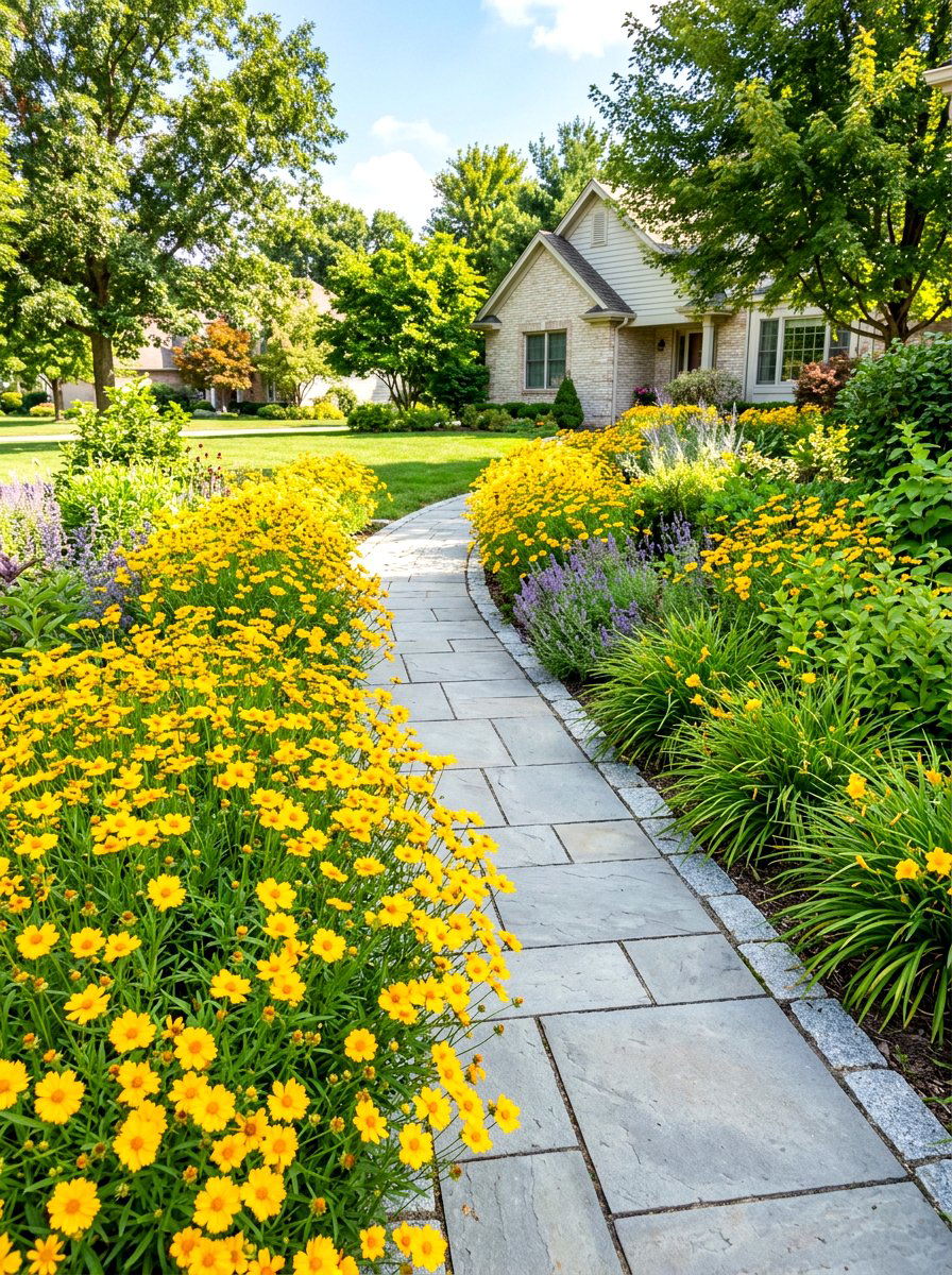Coreopsis sunny garden path - 30 walkway border planting ideas