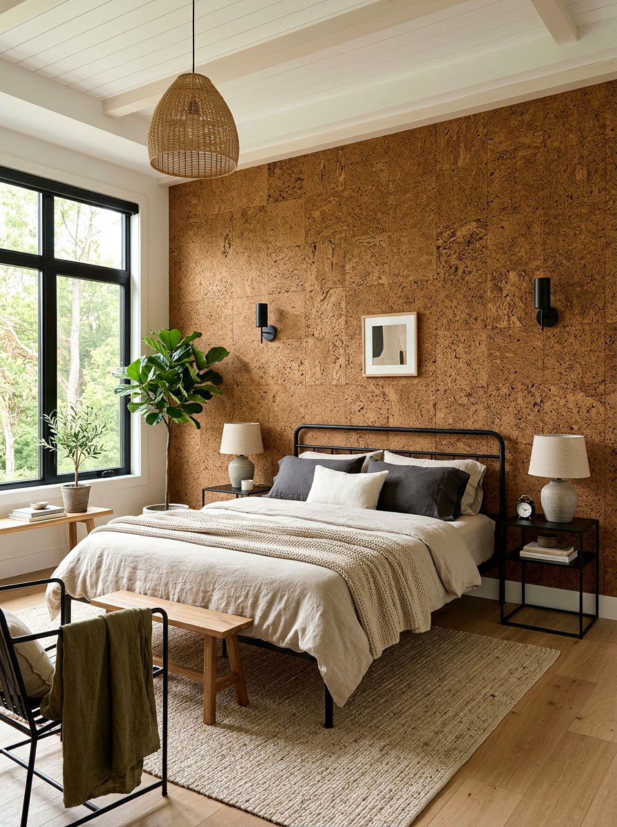 Cork Accent Wall - 30 earthy bedroom decor ideas