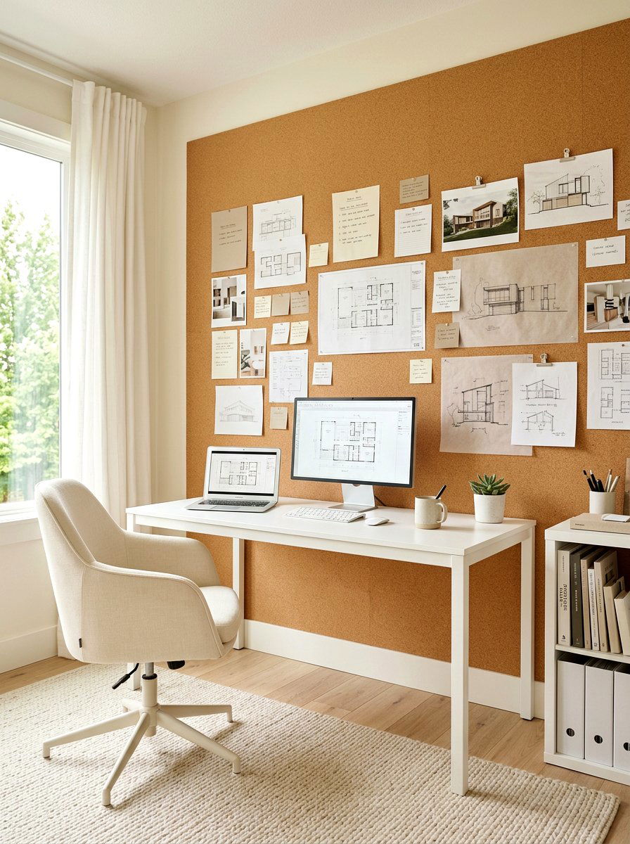 Cork Board Wall Organization - 30 calm neutral office ideas