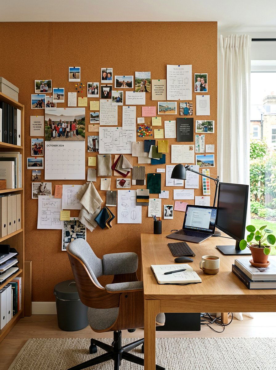 Cork board wall for home office - 30 no paint decor ideas