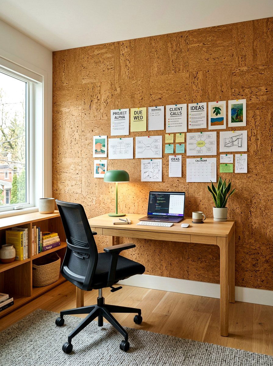 Cork wall home office - 30 sustainable home decor ideas