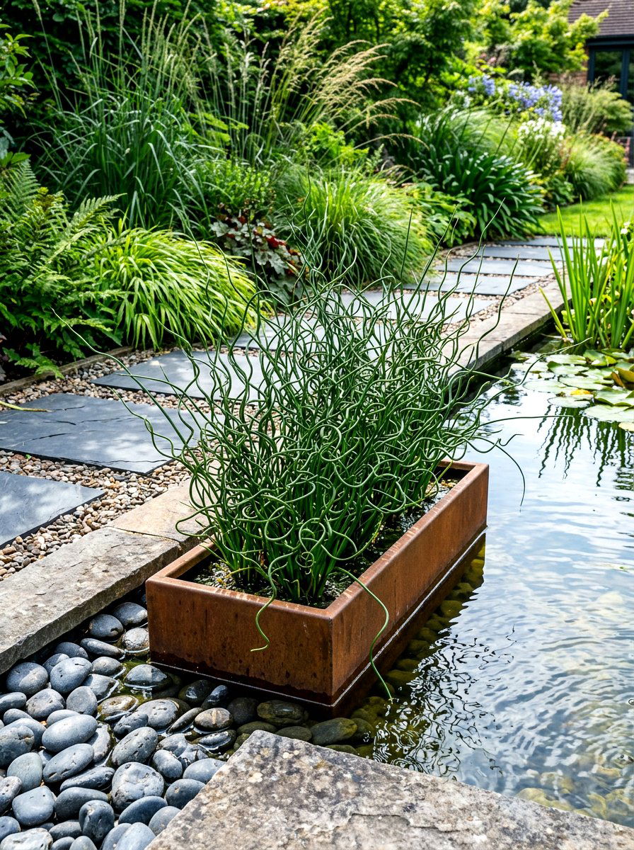 Corkscrew Rush Pond Edge Planting - 30 pond edge planting ideas