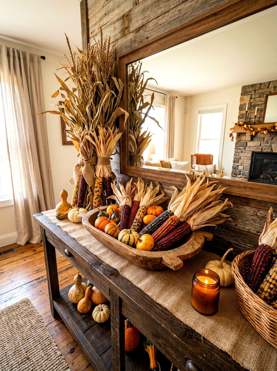Corn Husk Thanksgiving Decor - 30 Thanksgiving entry table ideas