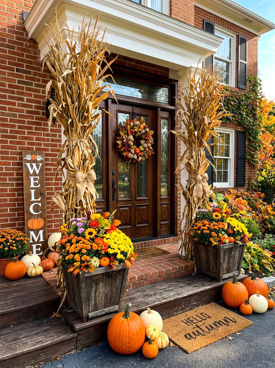 Corn Stalk Porch Arrangement - 30 fall porch planter ideas