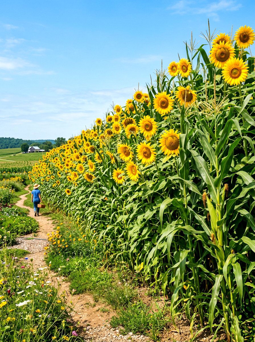 Corn and sunflower structural support - 30 vegetable garden companion planting ideas