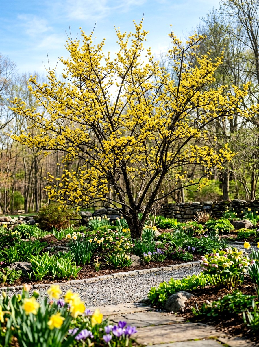 Cornelian Cherry Spring Border - 30 ornamental tree landscaping ideas