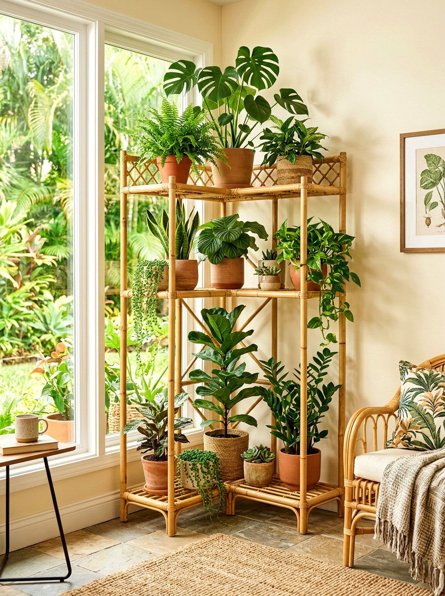 Corner Bamboo Plant Stand - 30 vertical garden shelf ideas
