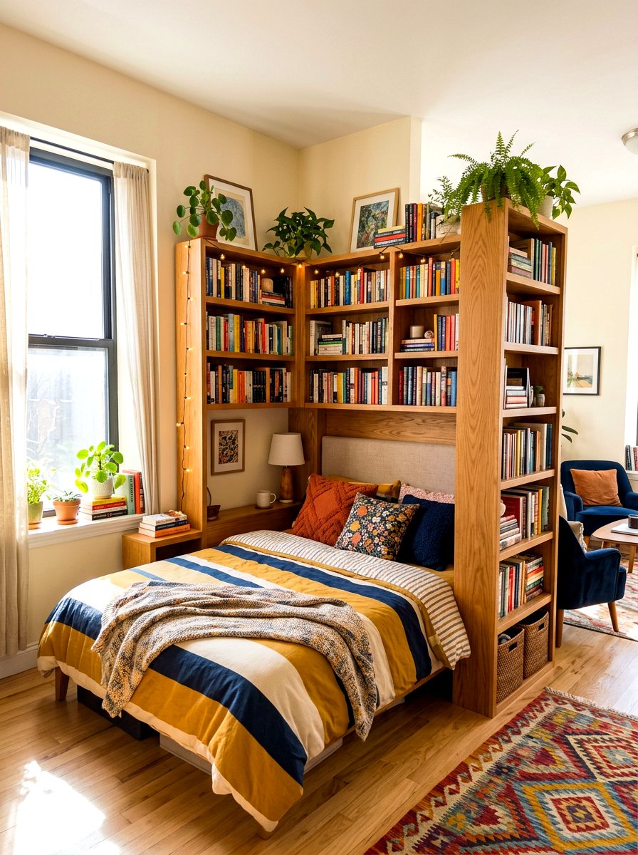 Corner Bookshelf Zone Divider - 30 bookshelf divider apartment ideas