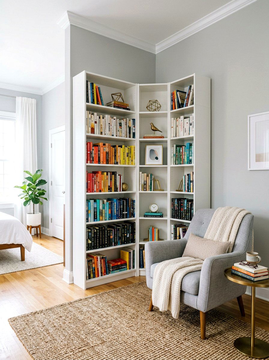 Corner Bookshelf - 30 guest room reading corner ideas