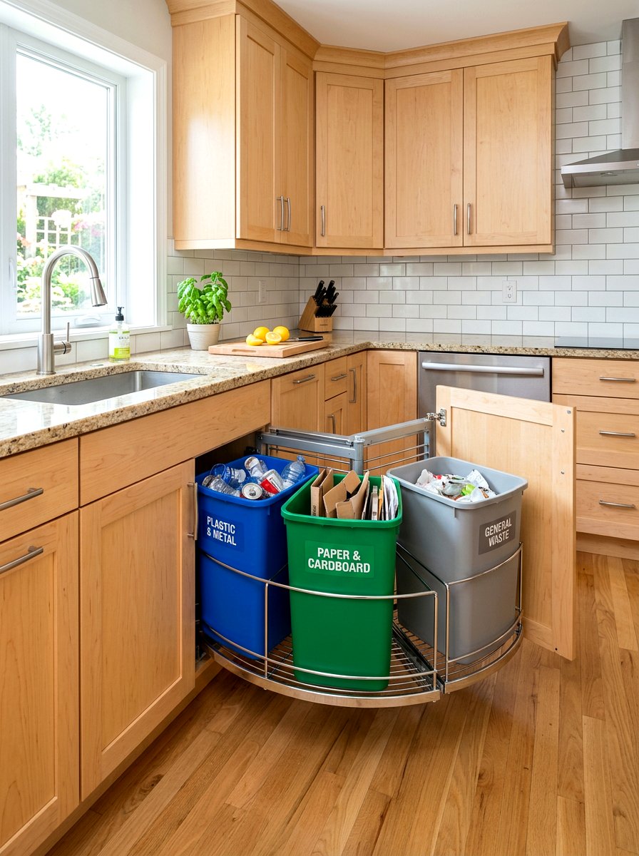 Corner Cabinet Recycling Carousel - 30 hidden recycling bin ideas